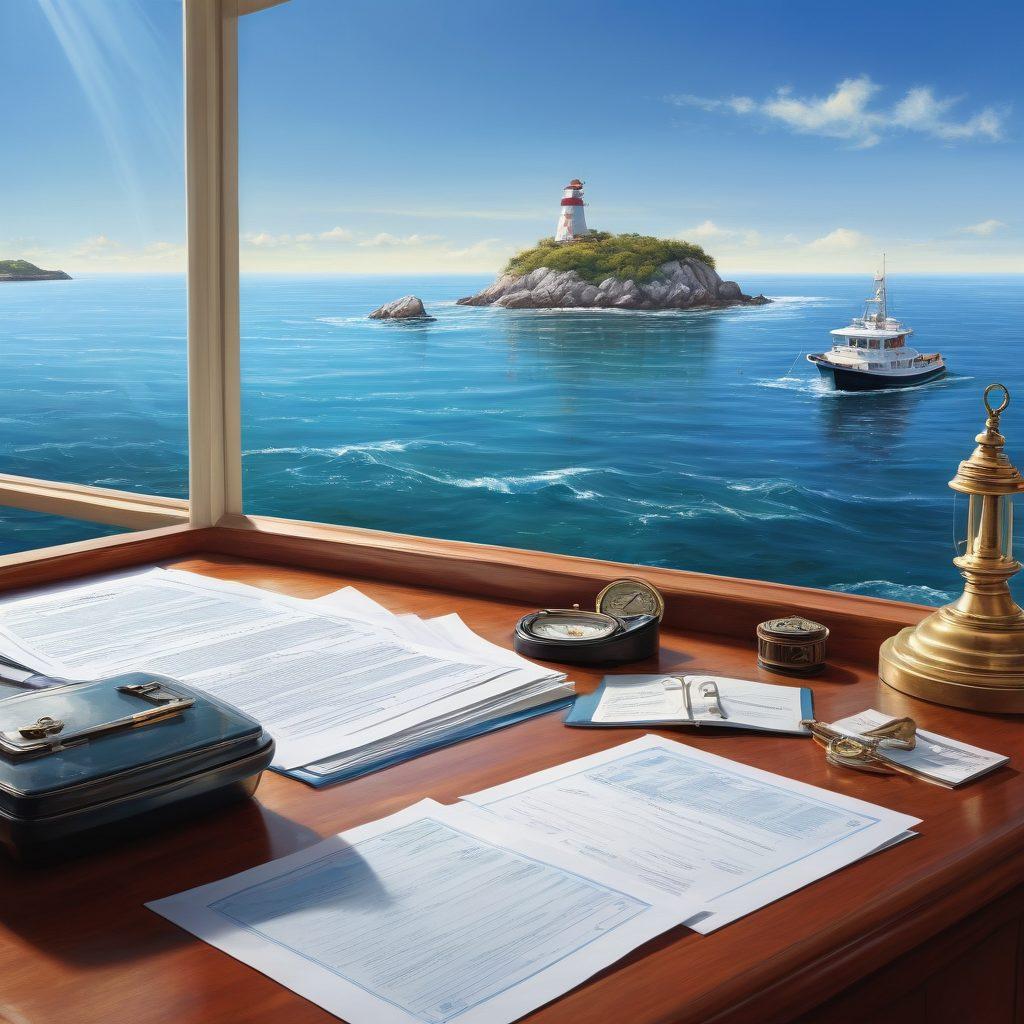 A serene seascape with a variety of boats anchored peacefully under a bright blue sky. In the foreground, showcase a neatly organized desk with marine insurance documents and a compass, symbolizing guidance. Add subtle waves reflecting sunlight to evoke a sense of tranquility and adventure. Include a distant lighthouse on the horizon as a beacon of hope. vibrant colors. super-realistic.