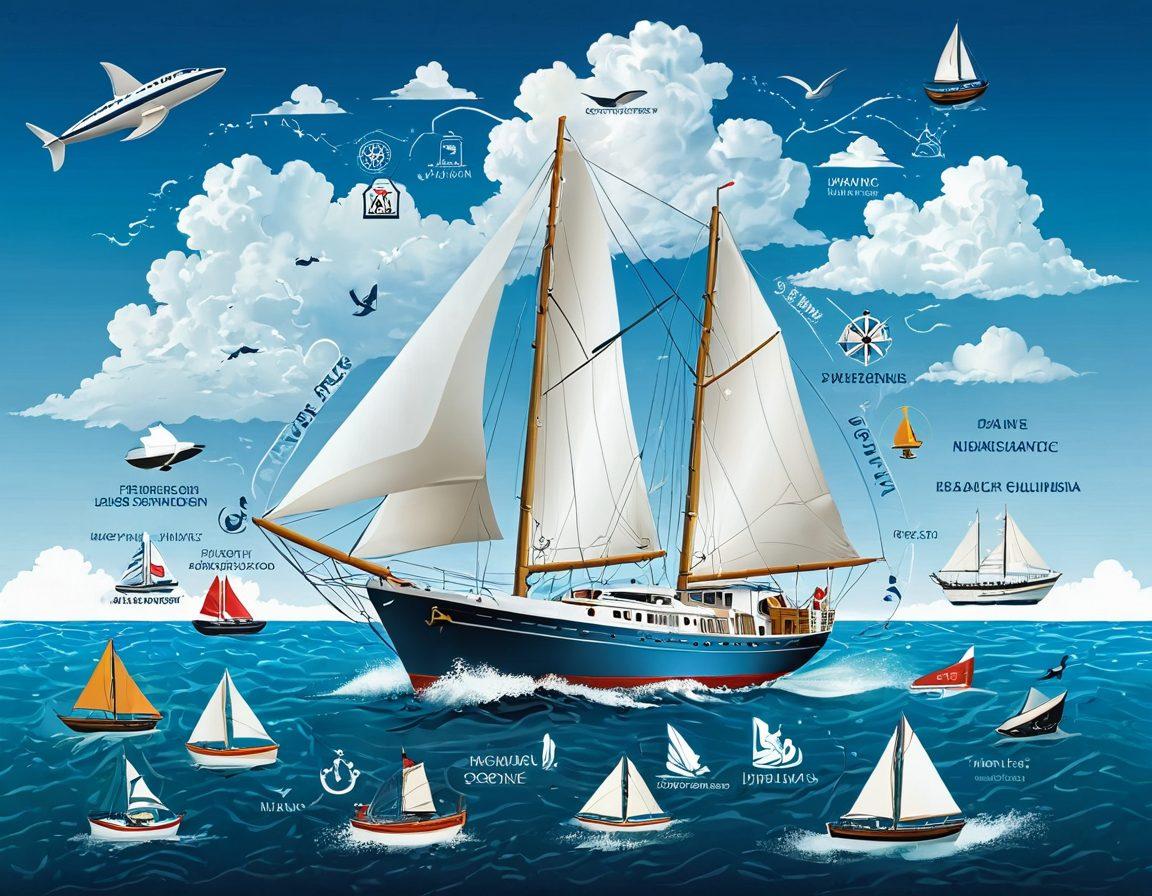An informative illustration showcasing a diverse range of marine insurance options, featuring a large sailboat navigating through calm blue waters, surrounded by various icons representing different types of coverage like storm protection, cargo insurance, and liability. The background should depict a serene seaside landscape with soft clouds. The overall tone should be professional yet engaging to captivate readers. super-realistic. vibrant colors. white background.