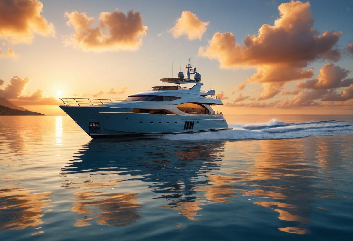 An elegant scene depicting a luxury yacht sailing on a serene blue ocean, with a personal watercraft anchored nearby. The sun is setting on the horizon, casting a warm golden glow over the water, symbolizing adventure and leisure. Include visual icons representing tailored insurance solutions, like documents or shields, subtly integrated into the design. The sky is dotted with fluffy clouds, enhancing the tranquil atmosphere. super-realistic. vibrant colors. 3D.